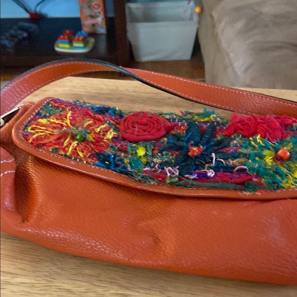 Chico's Orange Leather Shoulder Bag with Colorful Embroidered Flap